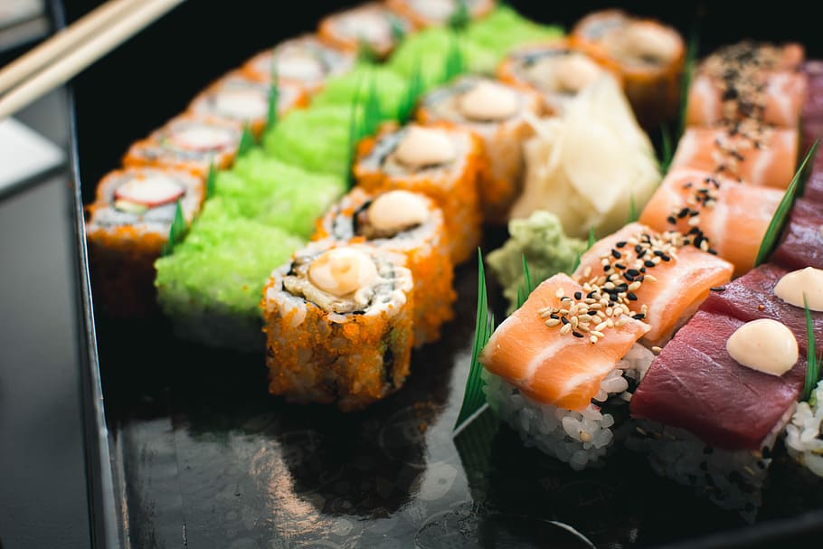 Colorful sushi in a black box, close up, fish, japanese, Malta