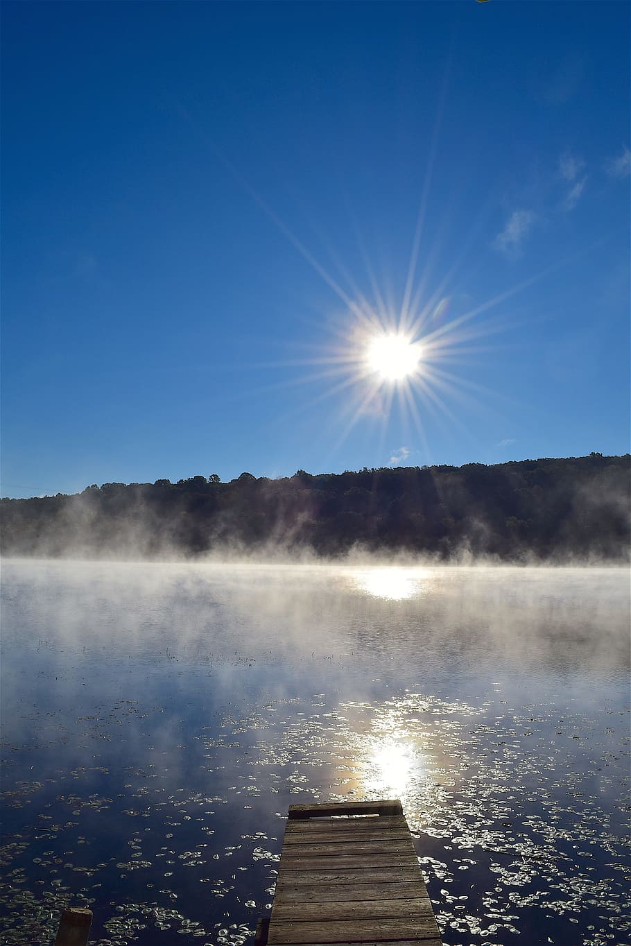 lake, mist, water, sun, dock, nature, landscape, summer, outdoor HD wallpaper