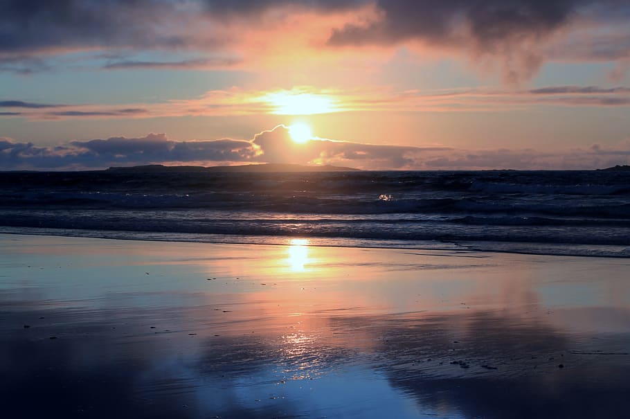 sunset, beach, the atlantic ocean, sky, water, beauty in nature HD wallpaper
