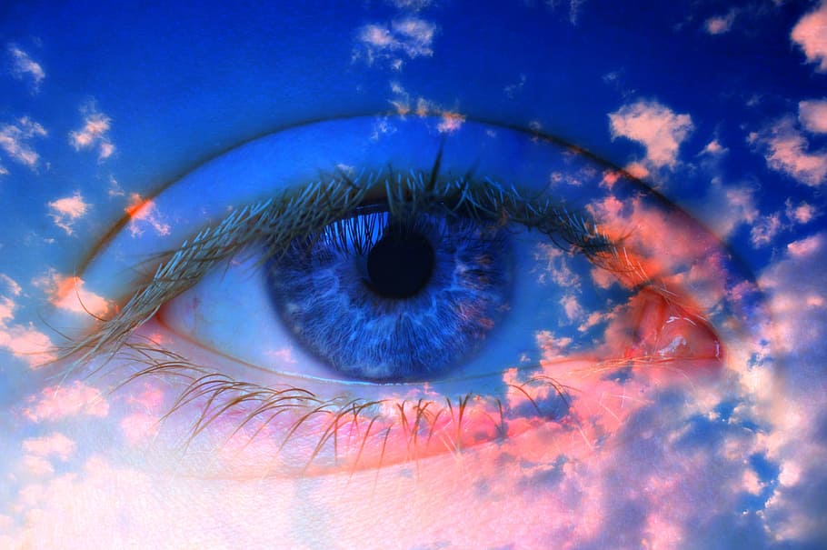 human eye with blue sky, iris, pupil, eyeball, eyelashes, woman HD wallpaper