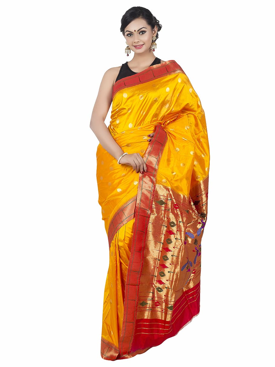 women's red and orange dress, wedding saree, paithani saree, paithani silk