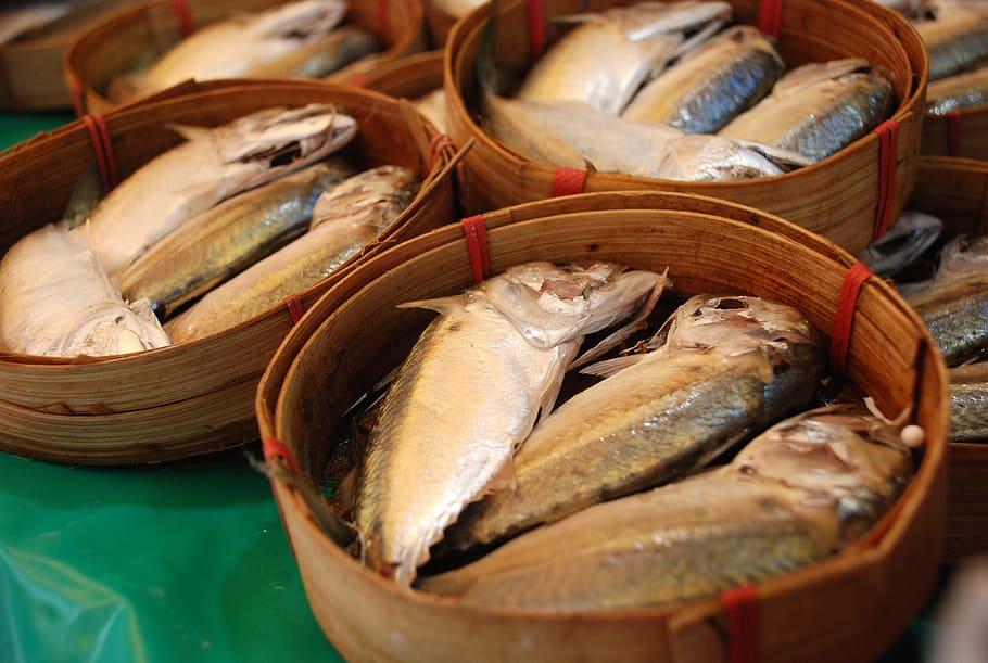 the basket, seafood, fish, market, traditional, thailand, fishmonger, HD wallpaper