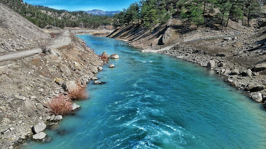 river between rock shores, water, streaming, road, landscape HD wallpaper