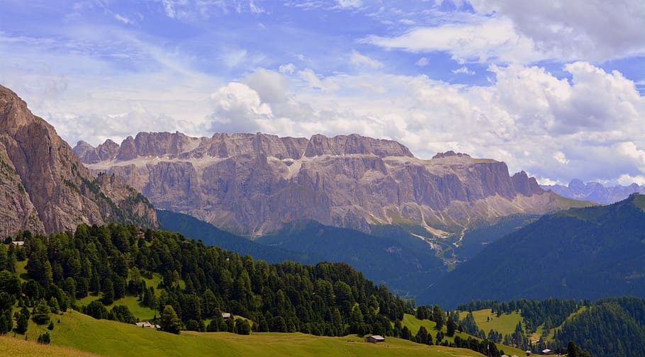 dolomites, mountain, prato, rock, clouds, sky, nature, landscape, HD wallpaper