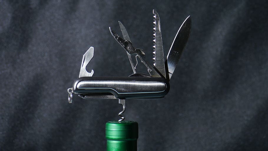 closeup photo of cork opener on liquor bottle, tool, army knife, HD wallpaper
