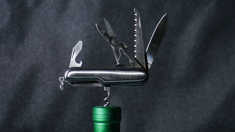 closeup photo of cork opener on liquor bottle, tool, army knife HD wallpaper