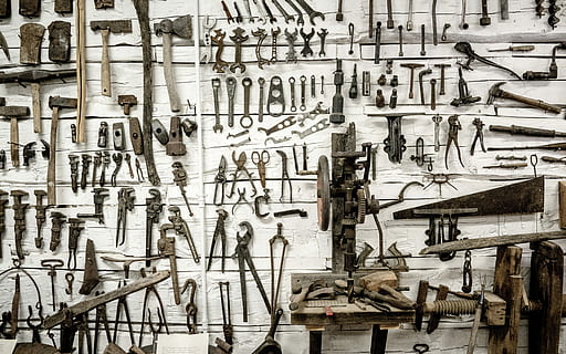hand tool on wall, assorted tools hanging on white wooden wall HD wallpaper