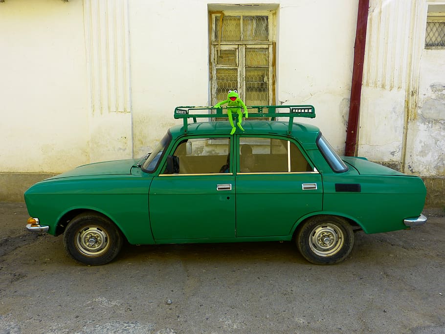 auto, green, old, frog, kermit, sit, mode of transportation HD wallpaper