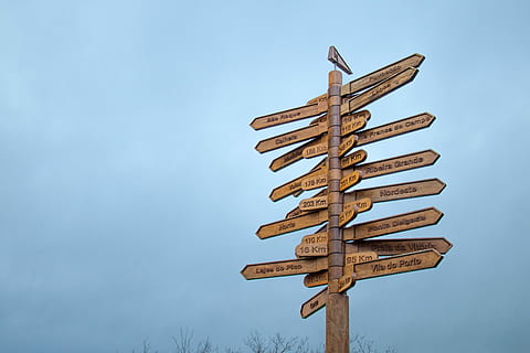 brown wooden direction signage over blue sky, destination, indecision HD wallpaper