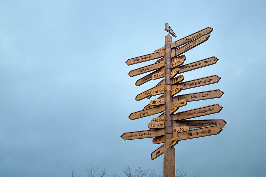 brown wooden direction signage over blue sky, destination, indecision HD wallpaper