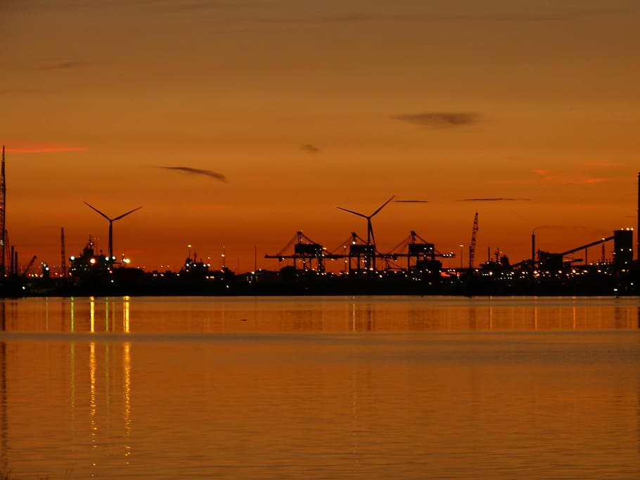 sunset, waters, industry, energy, mill, evening, sky, silhouette HD wallpaper