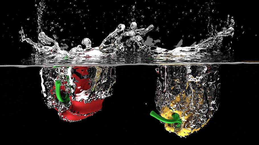 illustration of fruits on water, splash, fresh, liquid, nature HD wallpaper