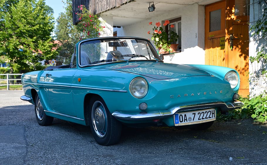 classic blue Caravelle convertible coupe, oldtimer, renault, auto, HD wallpaper