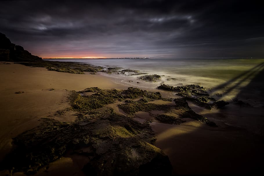 Sunrise, Beach, Rocks, Clouds, Sky, travel, landscape, nature HD wallpaper