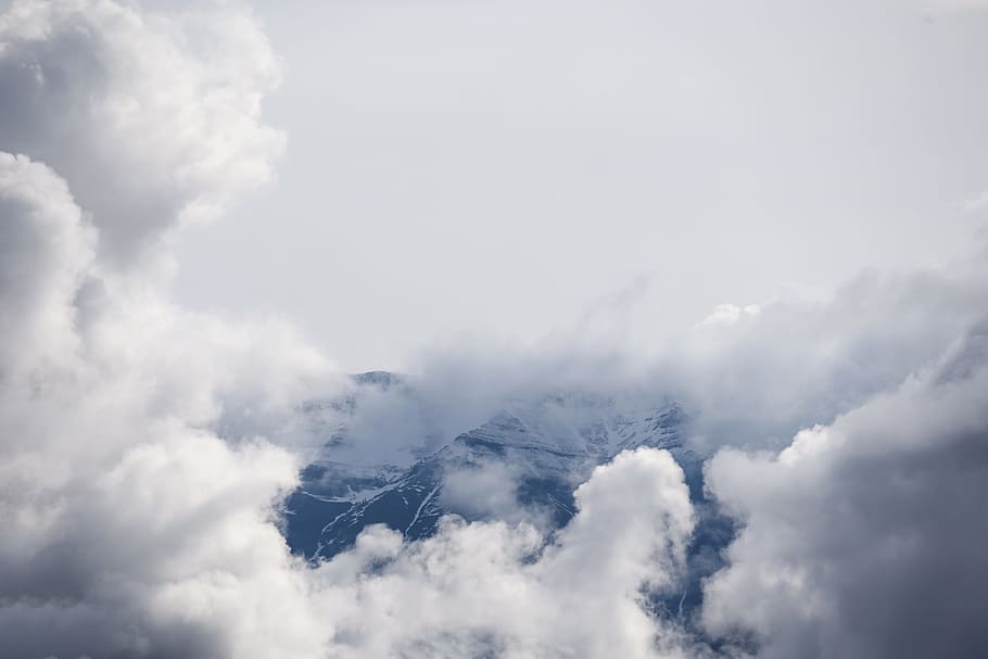 mountain coated white clouds, white clouds over black and white mountain HD wallpaper