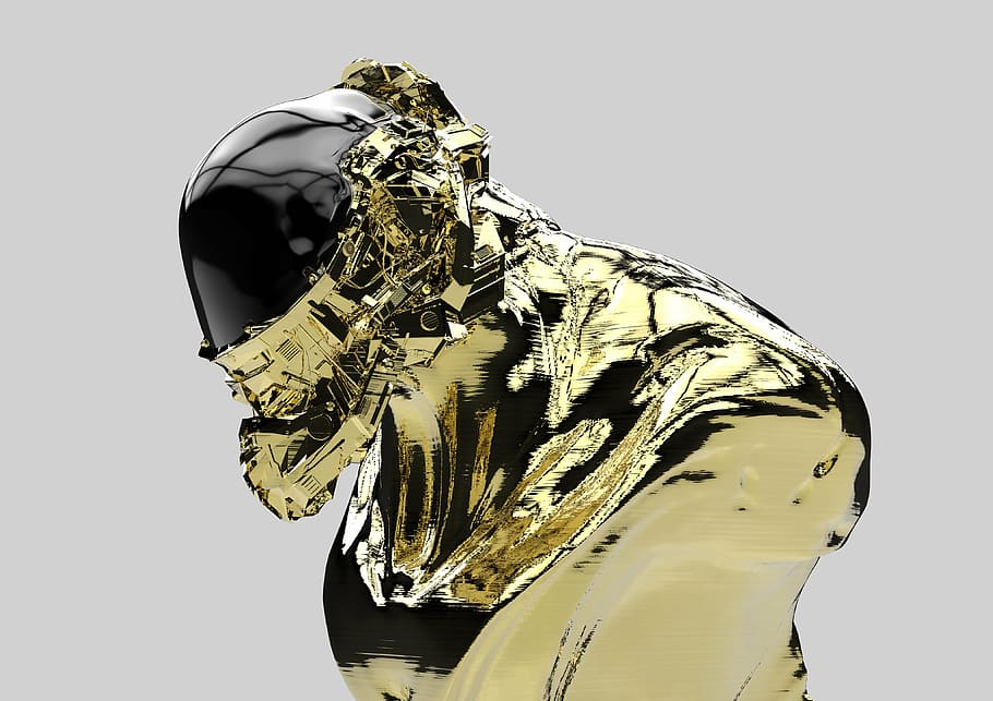 gold bust, mecha, robot, 3d, studio shot, indoors, white background HD wallpaper