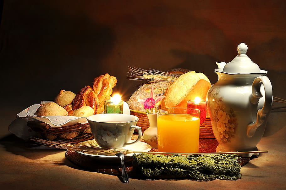 tea, coffee, bread, fire, burning, candle, fire - natural phenomenon HD wallpaper