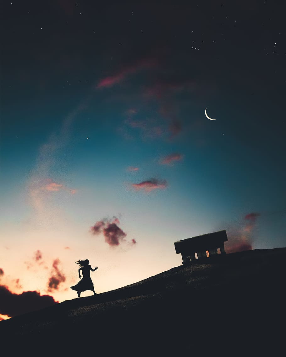 dawn, nature, sky, person, backlit, clouds, crescent moon, dark, HD wallpaper