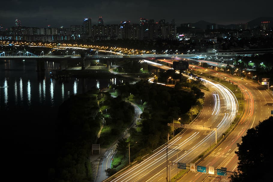 timelapse photography of cars, night view, han river, olympic boulevard, HD wallpaper