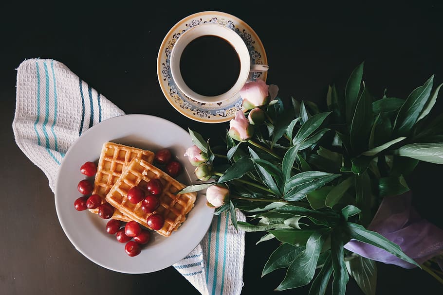 breakfast, cherries, coffee, coffee drink, color, cup, cup of coffee HD wallpaper