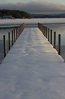 brown wooden bridge with snow, blue, docks, gray, ice, lakes HD wallpaper