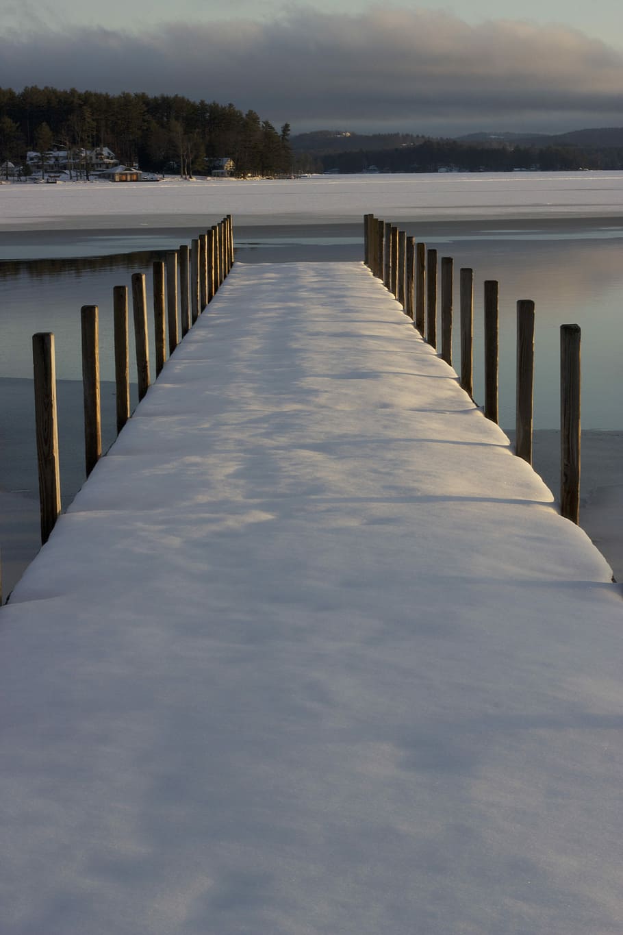brown wooden bridge with snow, blue, docks, gray, ice, lakes HD wallpaper