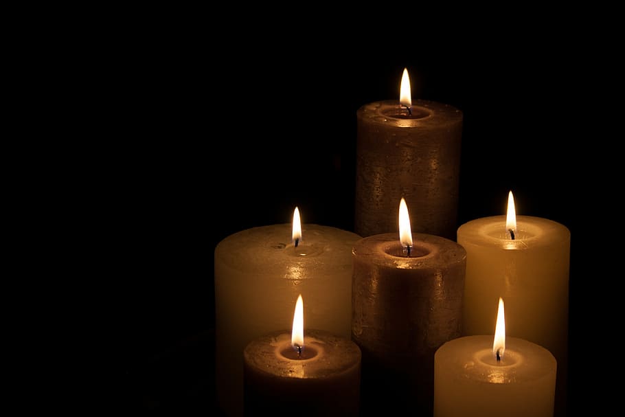 white pillar candles, christmas, dark, light, hot, fire, group