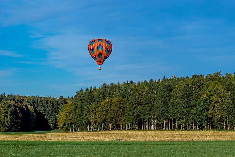 red hot air balloon on air, drive, sky, blue, forest, meadow HD wallpaper