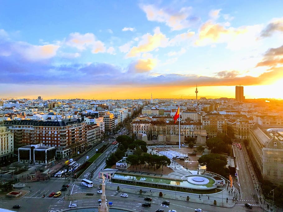 madrid, sky, sun, building exterior, city, architecture, built structure HD wallpaper
