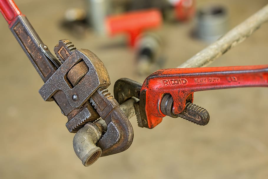 two brown and red RIDGID pipe wrenches, plumbing, repair, maintenance, HD wallpaper