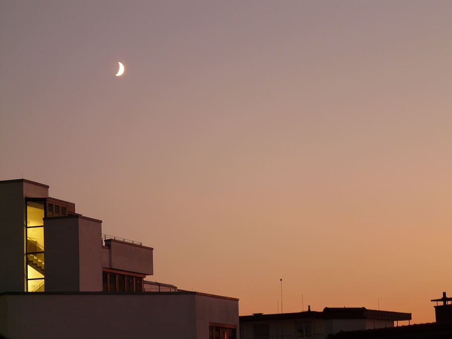 home, building, moon, sky, architecture, abendstimmung, built structure HD wallpaper