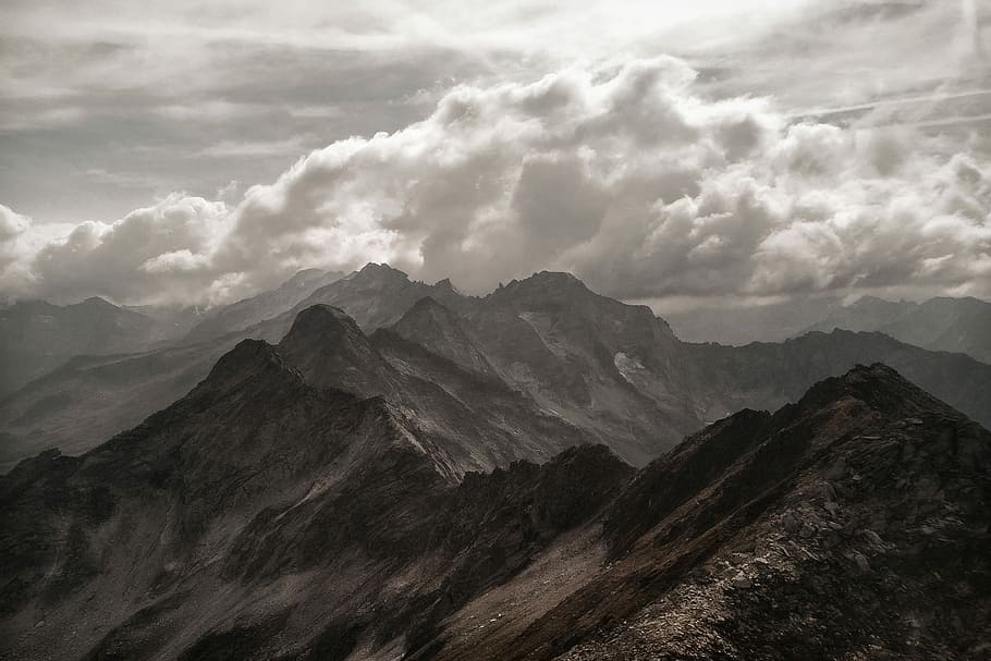 white clouds above mountains during daytime, grayscale photography of mountains HD wallpaper