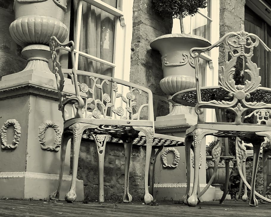 table, chairs, decorations, terrace, iron, ironwork, background HD wallpaper