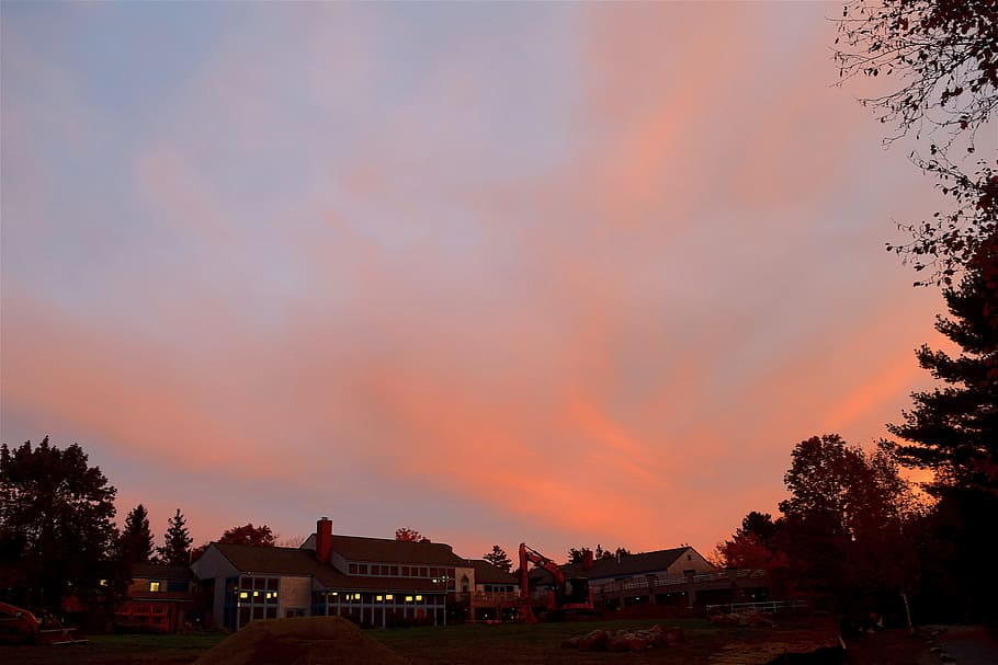 sunset, sky, clouds, building, lights, dusk, trees, nature HD wallpaper