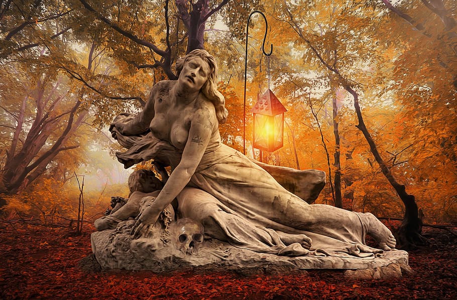 selective photo of woman concrete statue under brown trees HD wallpaper