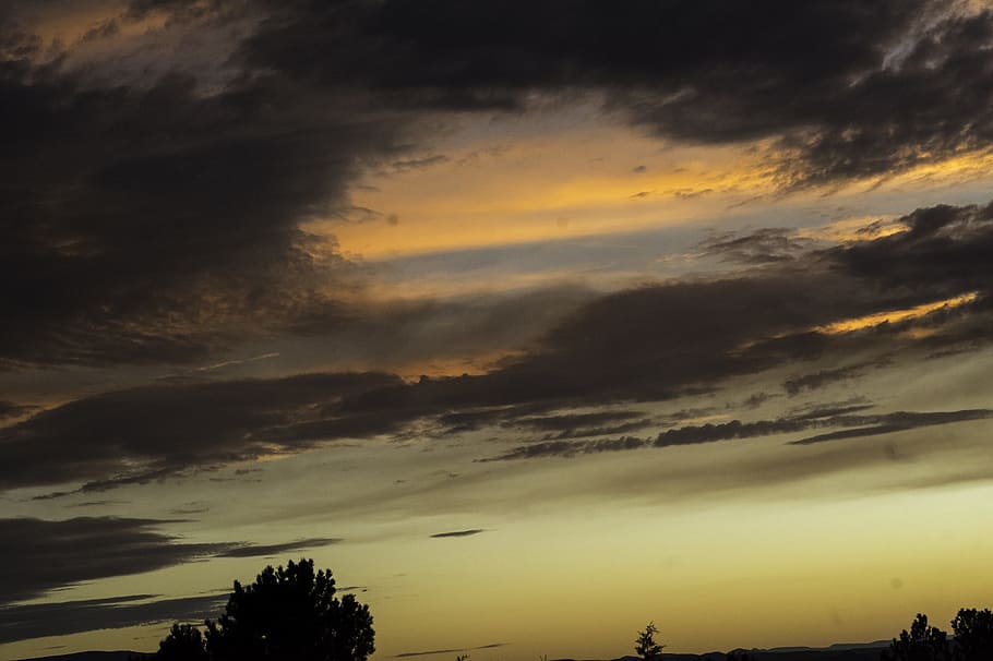 Sunset, Clouds, Colorful, Sky, silhouettes, landscape, orange HD wallpaper