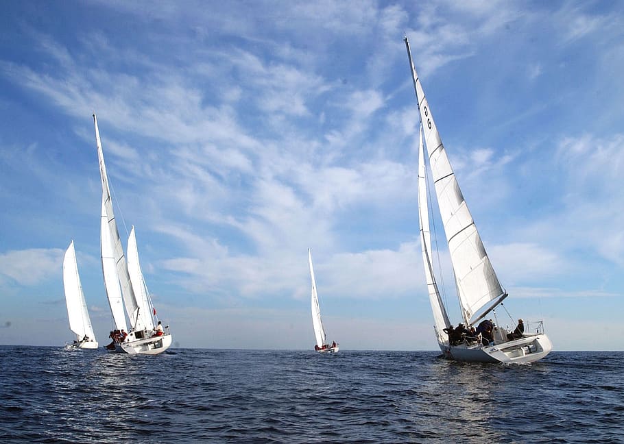 four white sail boats on body of water, catania, sicily, sky HD wallpaper