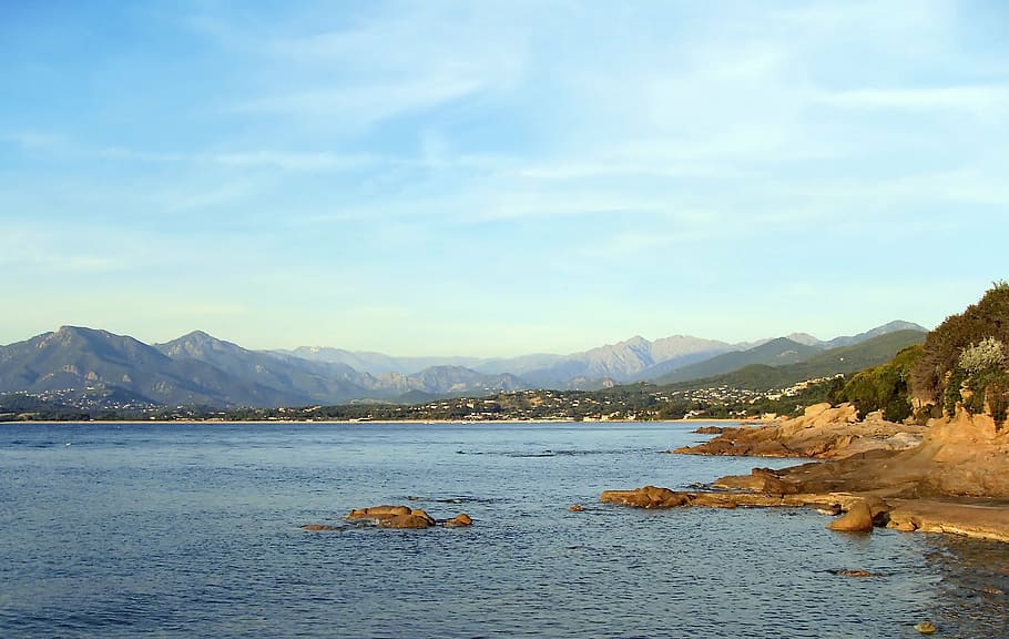 corsican, gulf, ajaccio, shore, rocks, mediterranée, blue, HD wallpaper