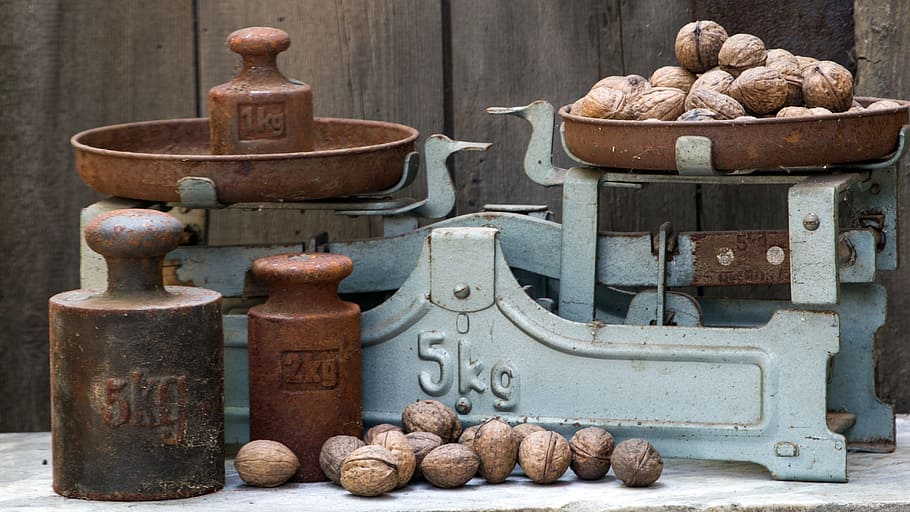pile of brown coconuts, horizontal, old, weights, old scale HD wallpaper