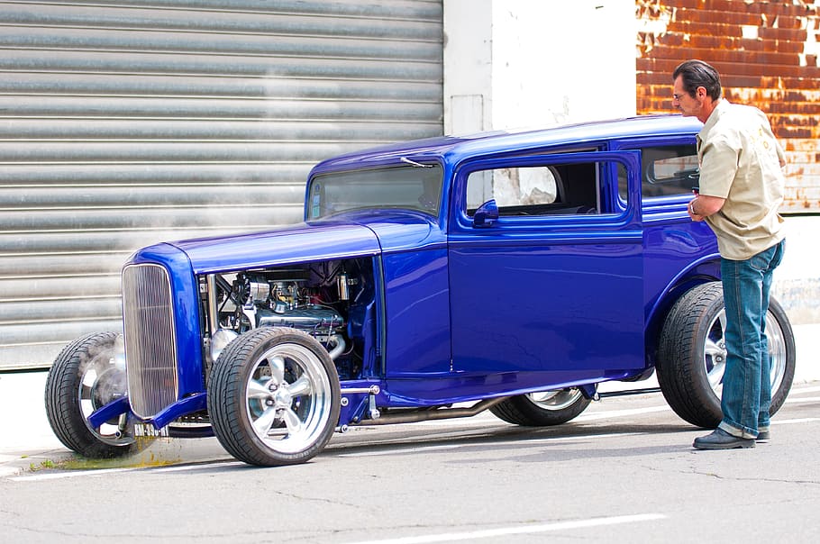 american car, retro, old car, vehicle, vintage, blue, bodywork, HD wallpaper