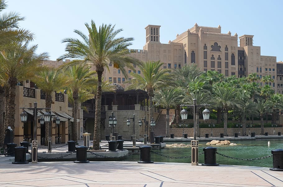 u a e, dubai, architecture, building, holiday, palm trees, sun HD wallpaper