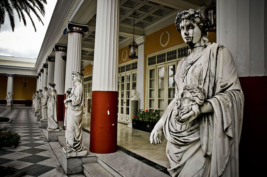 pile of statue outside establishment, greek, architecture, ancient HD wallpaper