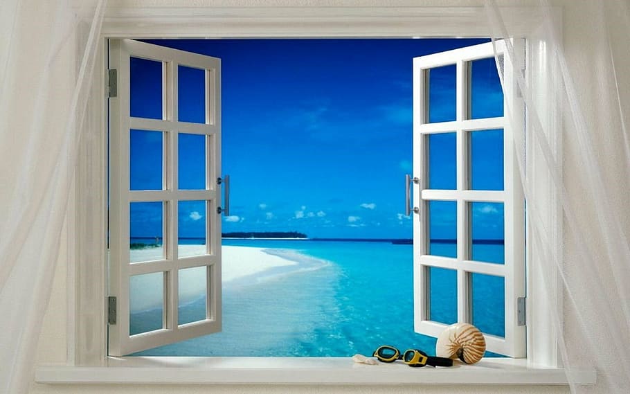 clear full glass shutter window, open, ocean, sea, beach, curtains
