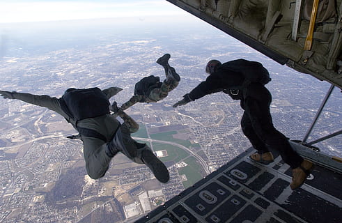 group of people about to dive on air, Parachute, Skydiving HD wallpaper