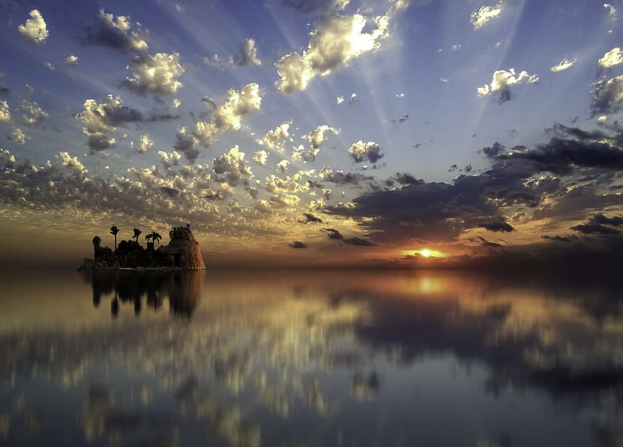 photo of island, sunset, water, dawn, reflection, sky, nature HD wallpaper