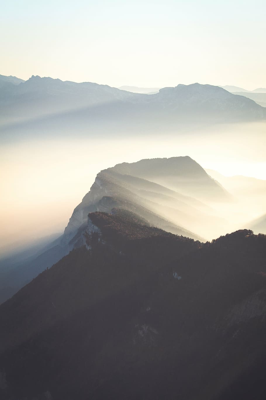 brown mountain with fog, photo, daytime, nature, scenics, mountain range HD wallpaper