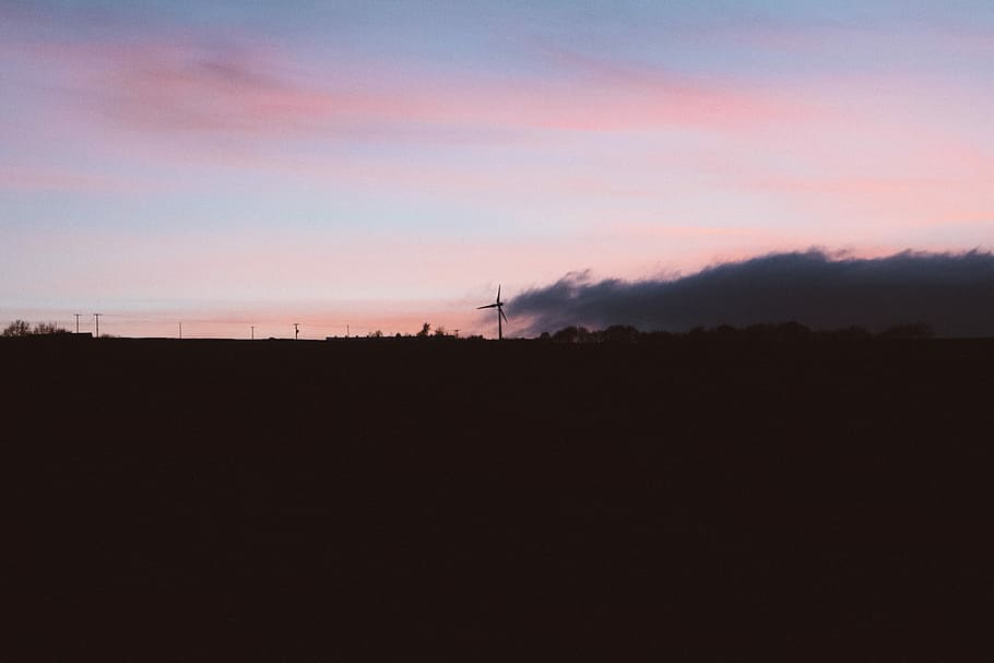silhouette photography of pole, sky, night, dark, sunset, wind turbine HD wallpaper