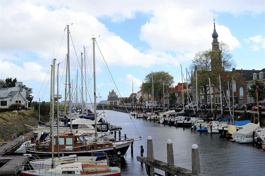 holland, veere, port, ships, netherlands, zeeland, nautical vessel, HD wallpaper