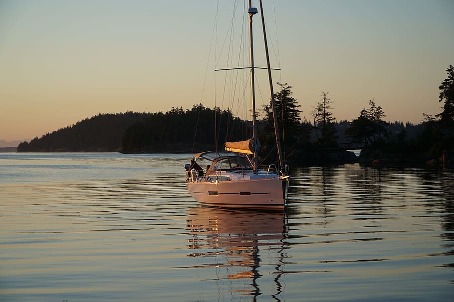 Sunset, Boat, Ocean, Calm, Scenic, still, yacht, sky, sea, landscape HD wallpaper