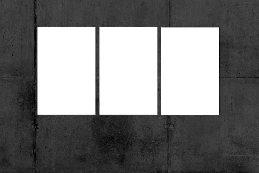 three rectangular white frames, poster, wall, mockup, interior